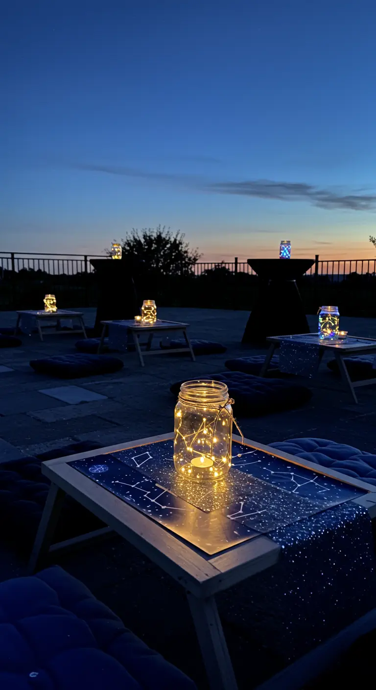 Outdoor night picnic with low tables, cushions, and glowing jars with fairy lights under a starry sky.