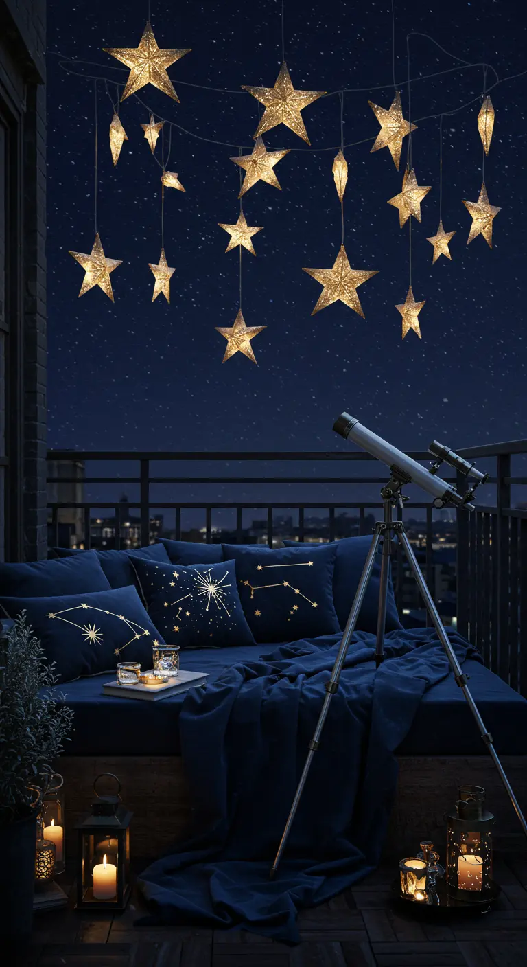 A balcony daybed in deep blue with constellation pillows, set up for stargazing under hanging star lights.