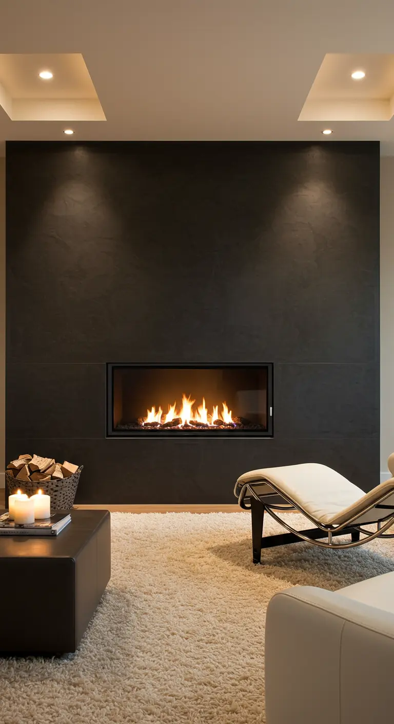 A modern, minimalist fireplace set in a dark wall, with a white chaise oriented towards it.