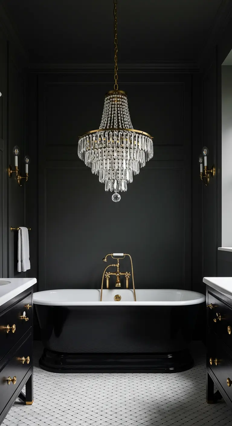 A dramatic black bathroom with a large crystal chandelier hanging over a black pedestal bathtub.