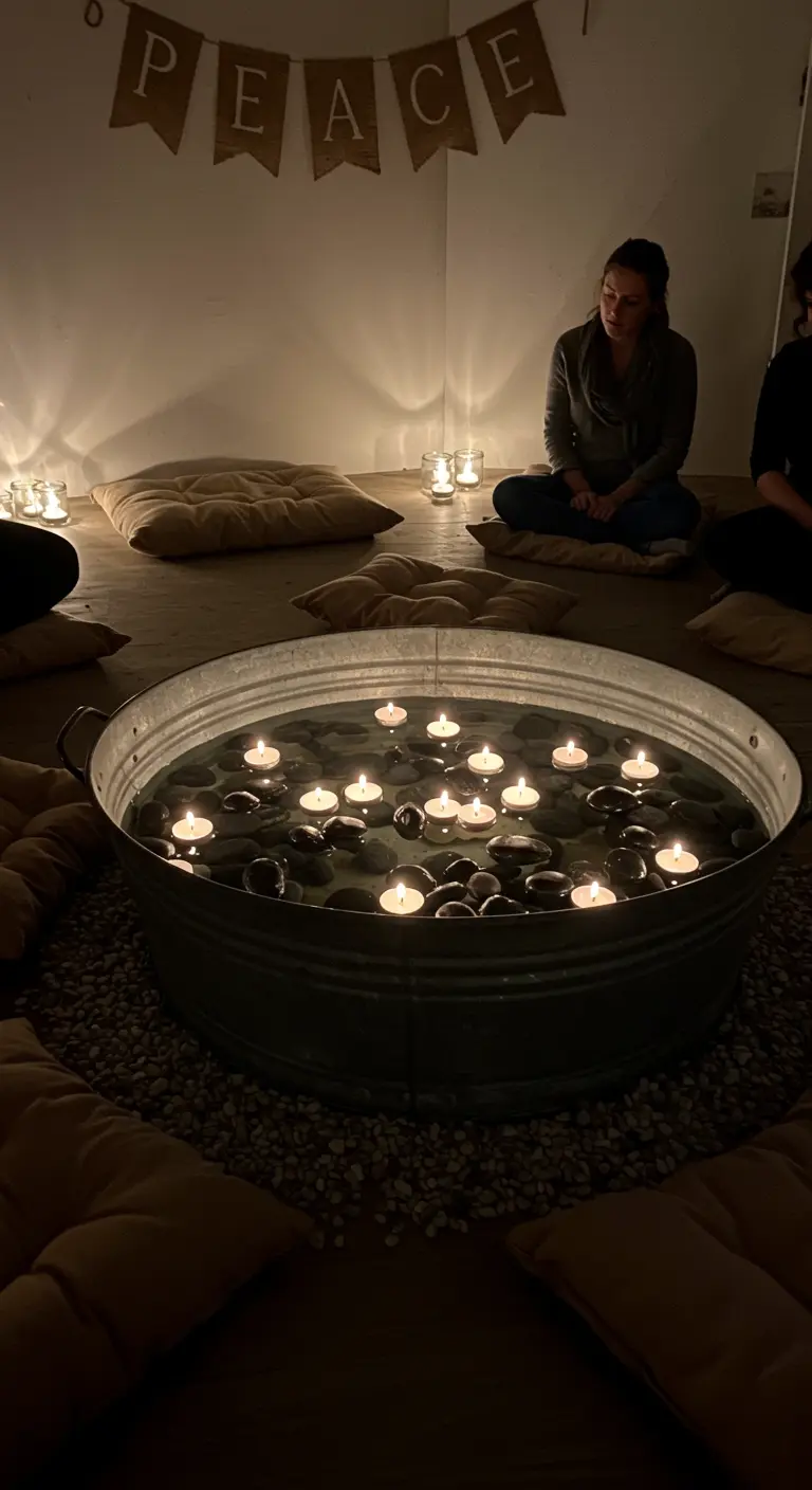 A group meditating around a large metal tub filled with water and floating tea lights.