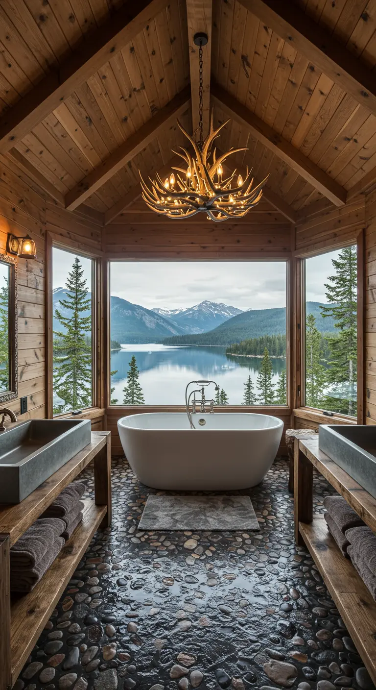 Bathroom with a large bay window overlooking a lake, with a tub centered in front.