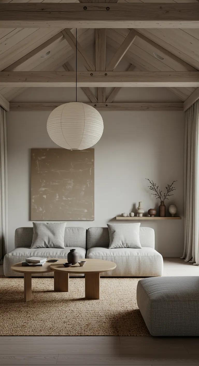 Living room with a vaulted wood ceiling and a large, white paper lantern pendant.