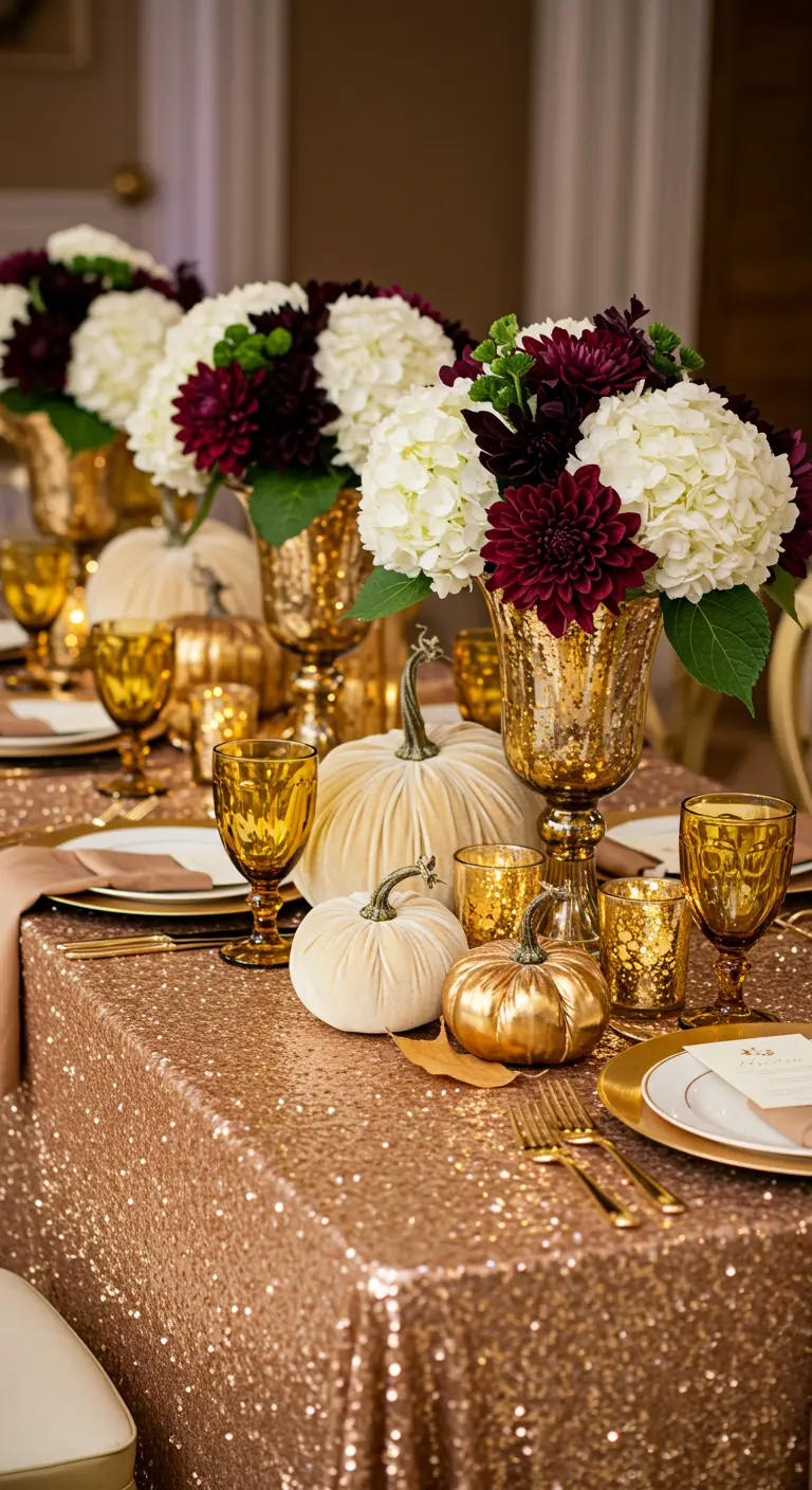 Glamorous table with a sequin tablecloth, cream velvet pumpkins, and gold accents.