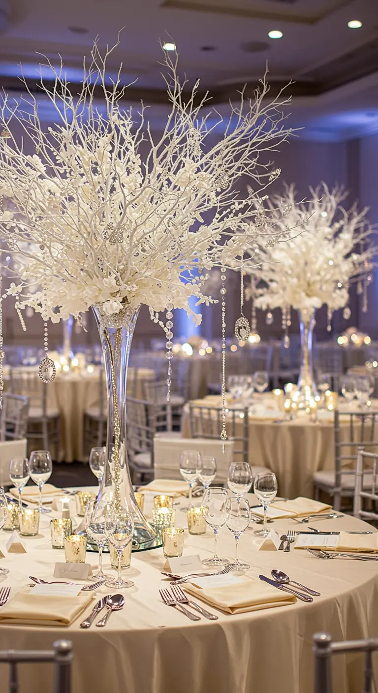 A close-up of a round table with a champagne-colored tablecloth and a tall white branch centerpiece with crystals.