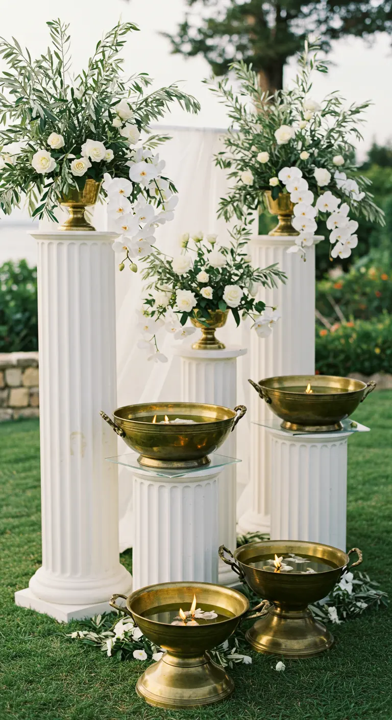 White Grecian columns with floral arrangements and brass bowls with floating candles.