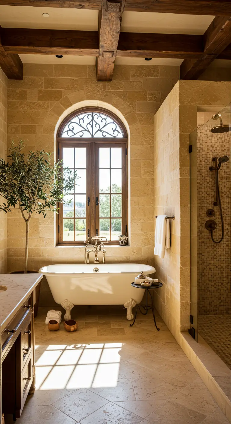 Tuscan-style bathroom with travertine walls, wood beams, and a clawfoot tub by an arched window.