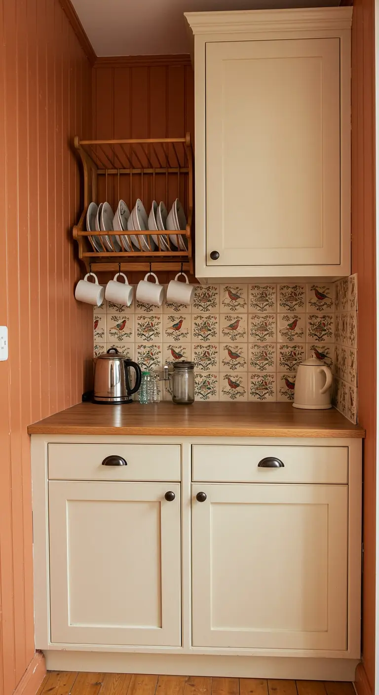 Cottage kitchen with cream cabinets, a bird-patterned tile, and a plate rack.