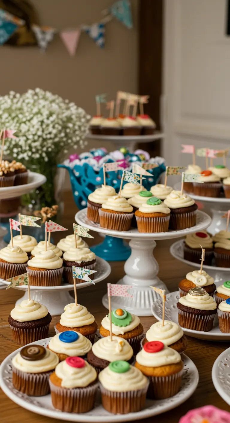 Cupcakes with white frosting topped with colorful buttons and tiny fabric flag toothpicks.