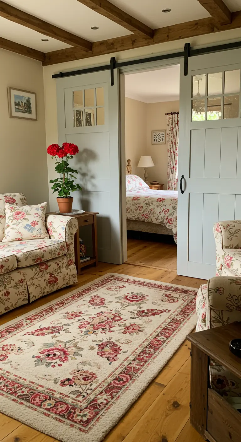 English country style living room with light blue sliding doors and floral sofas.