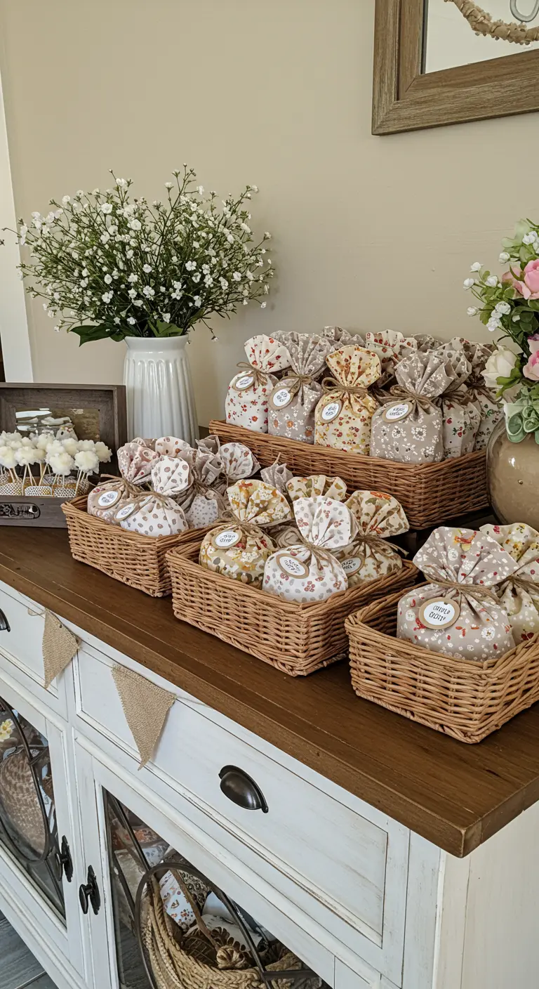 Wicker baskets filled with small floral fabric pouches tied with twine.