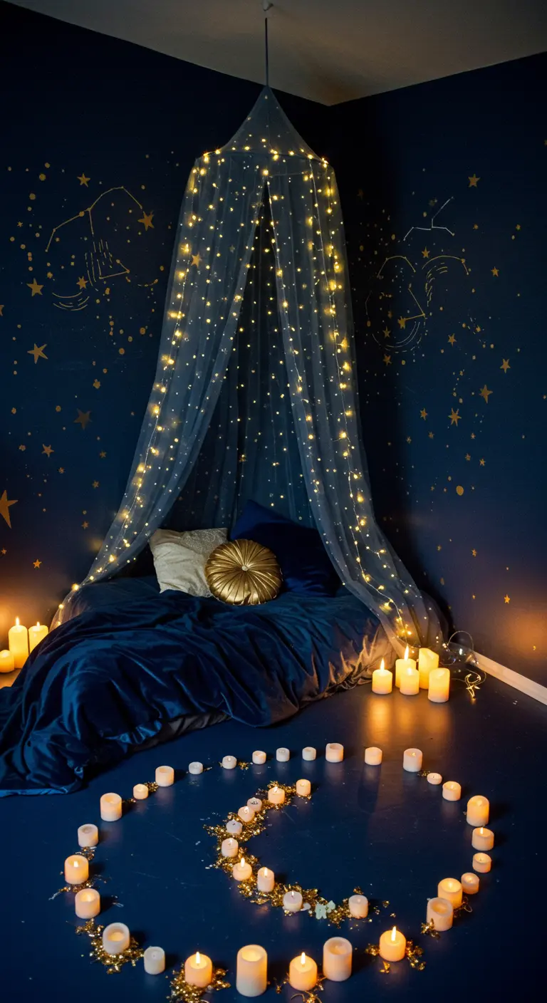 Navy blue bedroom with gold constellation decals and a fairy light canopy.