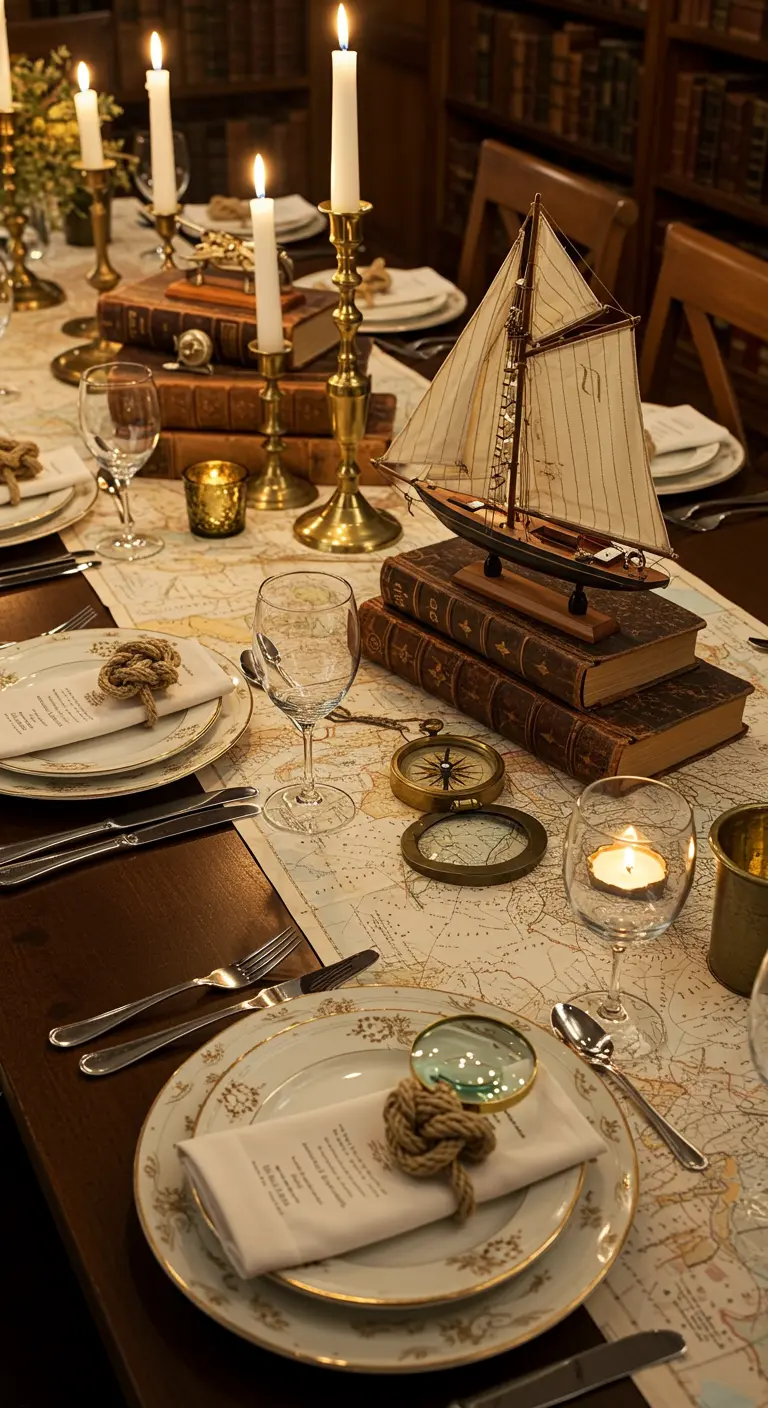 Explorer-themed table with a map runner, vintage books, a compass, and a sailboat model.