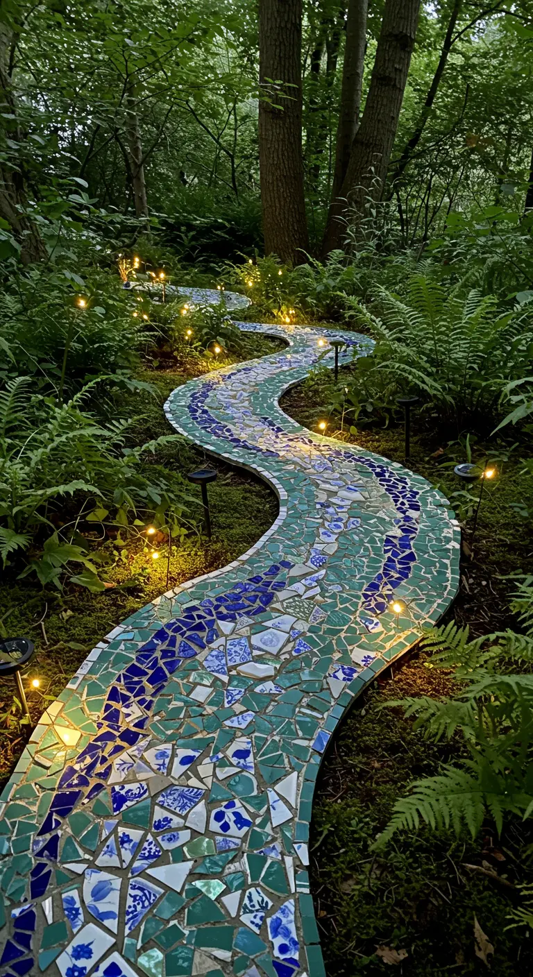 Winding mosaic path of blue and green tiles, lit by solar lights in a forest.