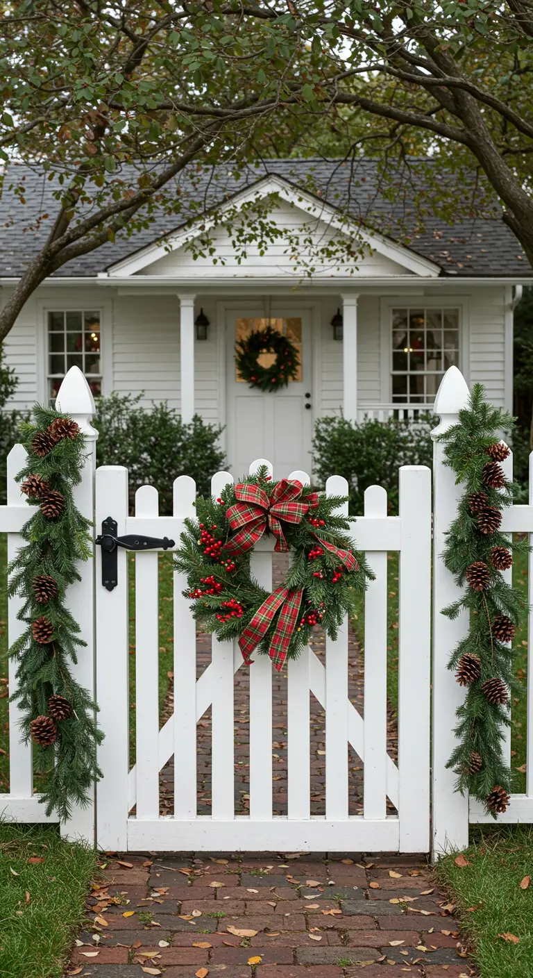 A white picket gate decorated with a plaid-bow wreath and matching evergreen garlands with pinecones.