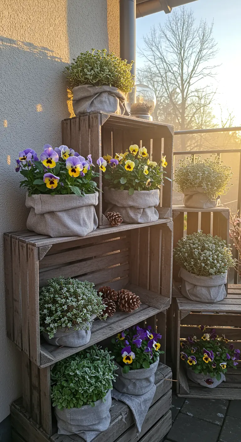 Balcony with stacked wooden crates, linen-wrapped pansies, and small evergreen plants.