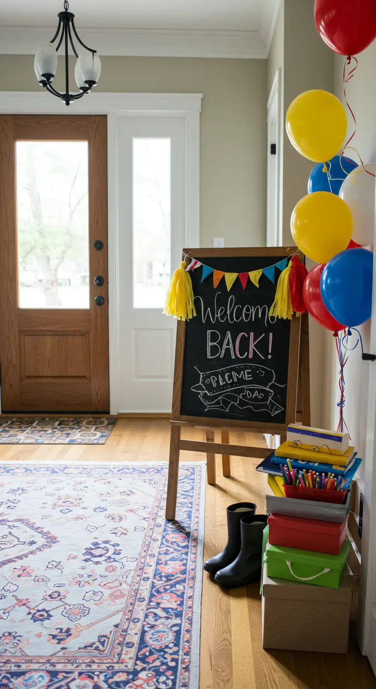 A chalkboard welcome sign on an easel, decorated with a small, colorful tassel garland at the top.