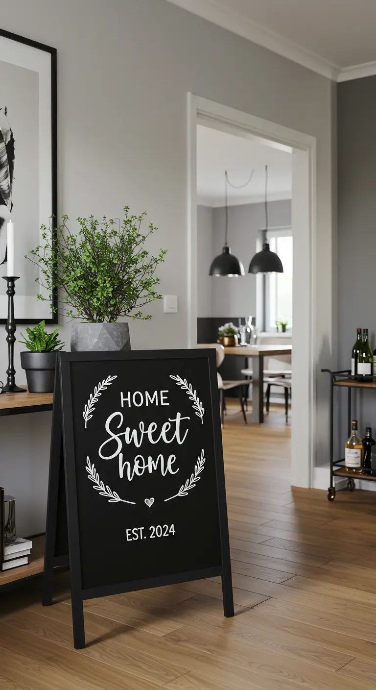 A black A-frame chalkboard sign with 'Home Sweet Home' written in white script.