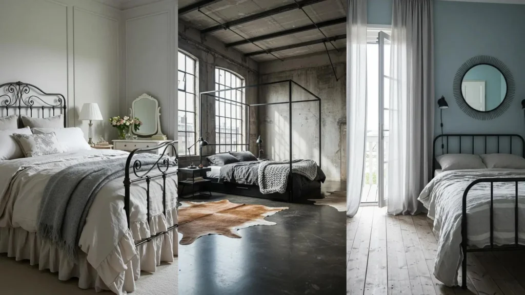 Three chic monochrome gray bedroom retreats featuring black metal frames, textured accents, and sophisticated decor.