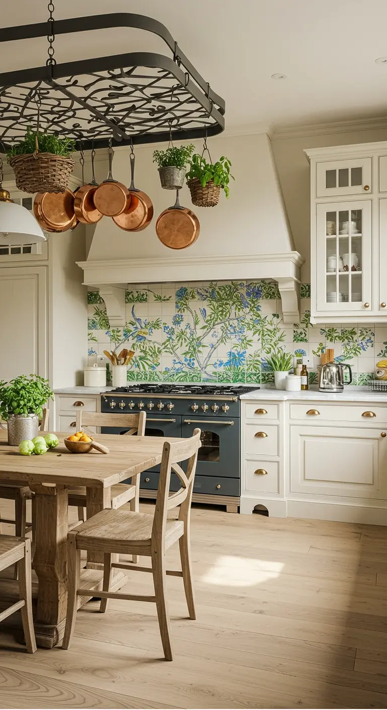 French country kitchen with off-white cabinets, a blue and green floral tile backsplash, and a pot rack.