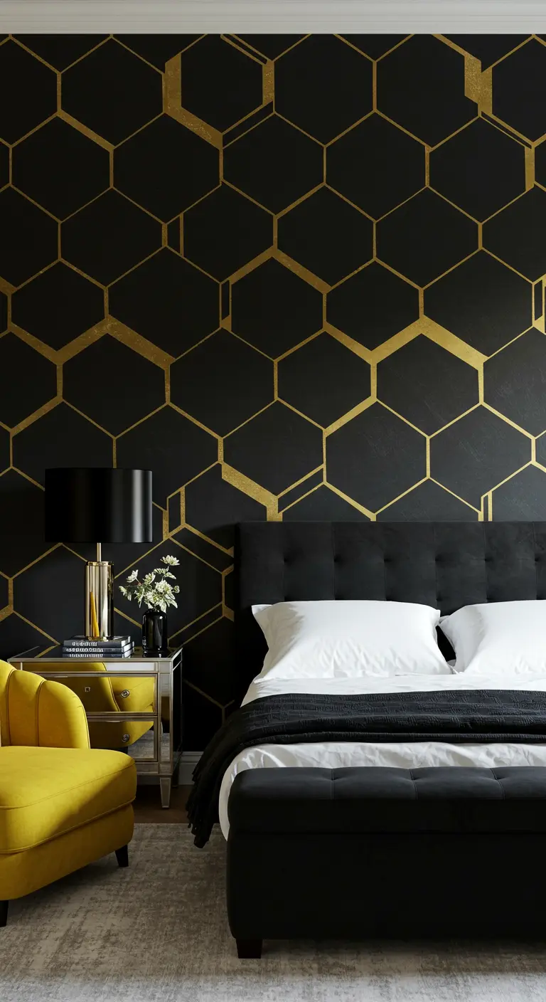 Bedroom with black and gold honeycomb geometric wallpaper and a yellow armchair.