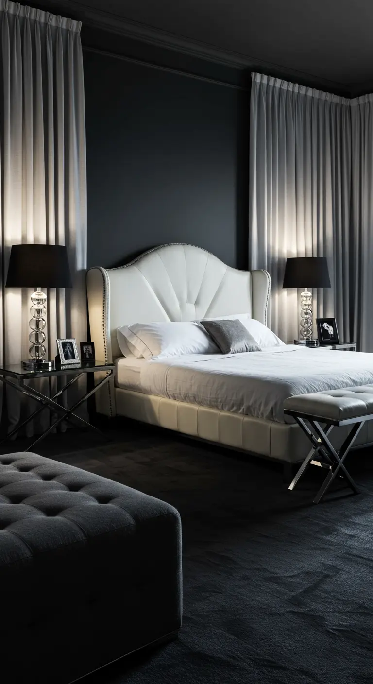 A dramatic black and white bedroom with a white fan-tufted leather headboard.