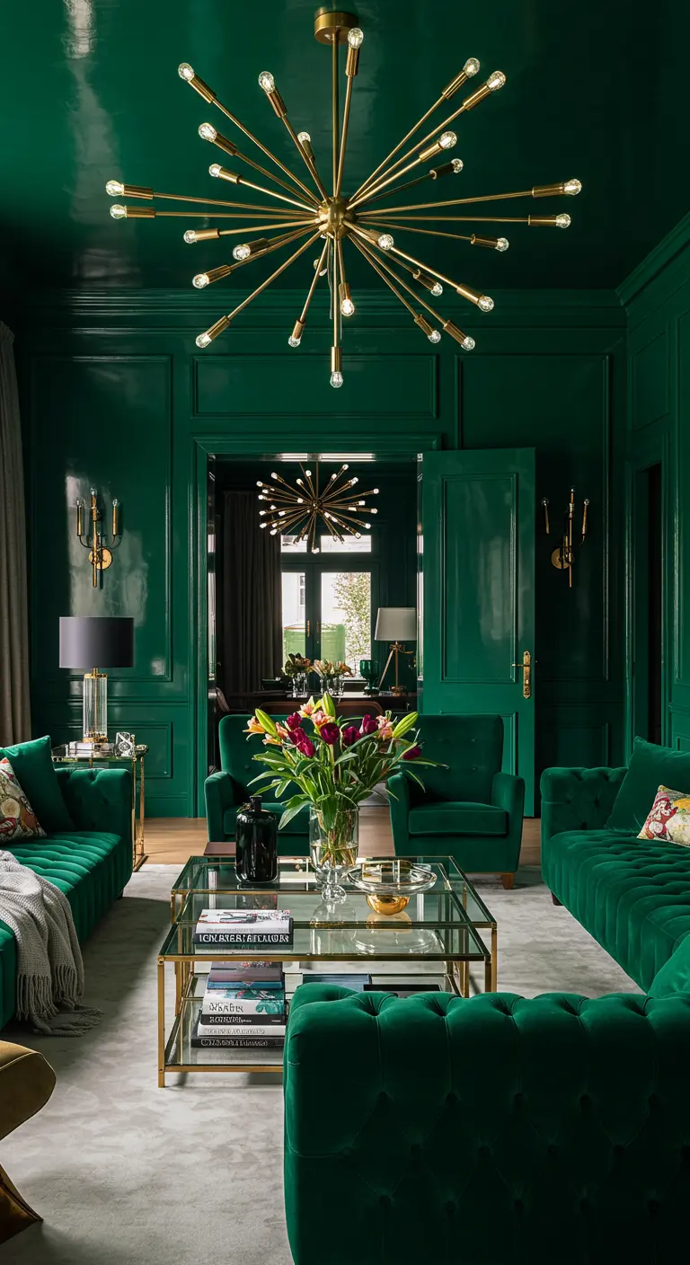 Living room with high-gloss emerald green walls and ceiling, and a large brass sputnik chandelier.