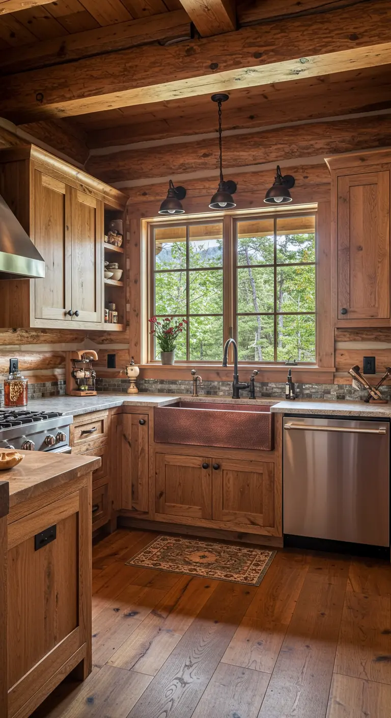Log cabin-style kitchen with wood cabinets and a hammered copper farmhouse sink.