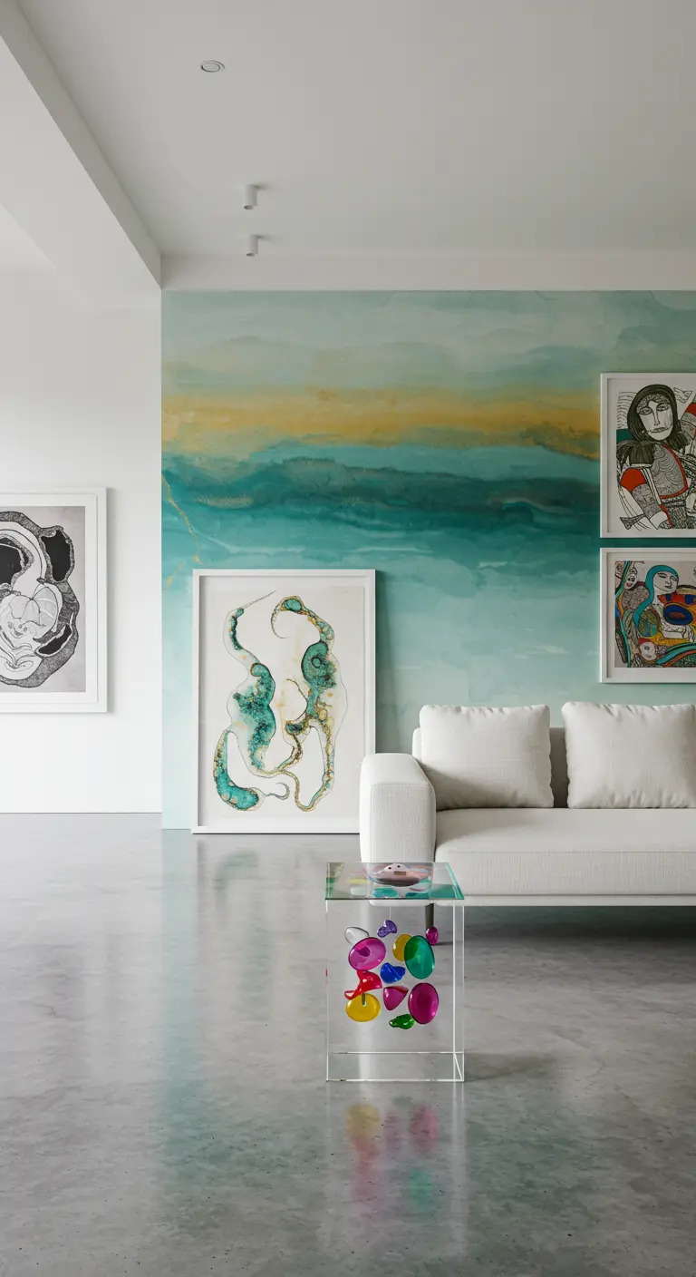 White sofa and acrylic side table against a watercolor-style teal and yellow wall.