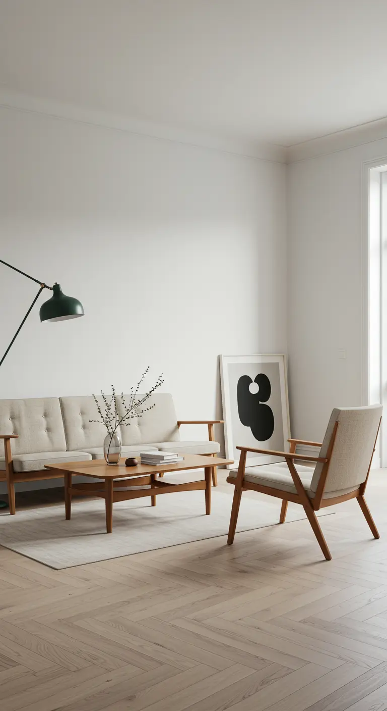 A mid-century style sofa and chair with exposed light oak legs on a herringbone floor.