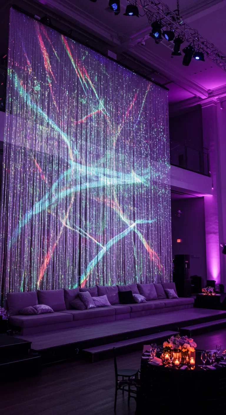 A massive silver tinsel curtain used as a projection screen for a colorful, abstract light show.