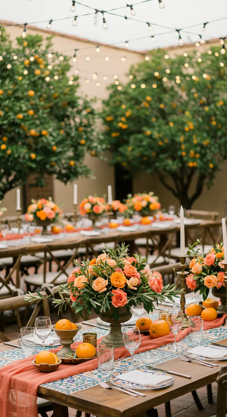 Courtyard wedding table with a blue patterned runner, coral roses, and fresh oranges.