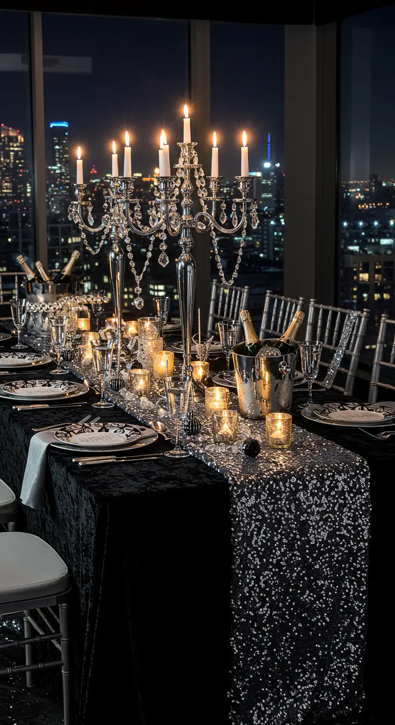 Glamorous city rooftop table with a crystal candelabra and sequin runner.