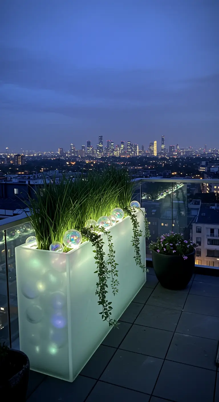 An illuminated planter box filled with grasses and glowing orbs on a city rooftop.