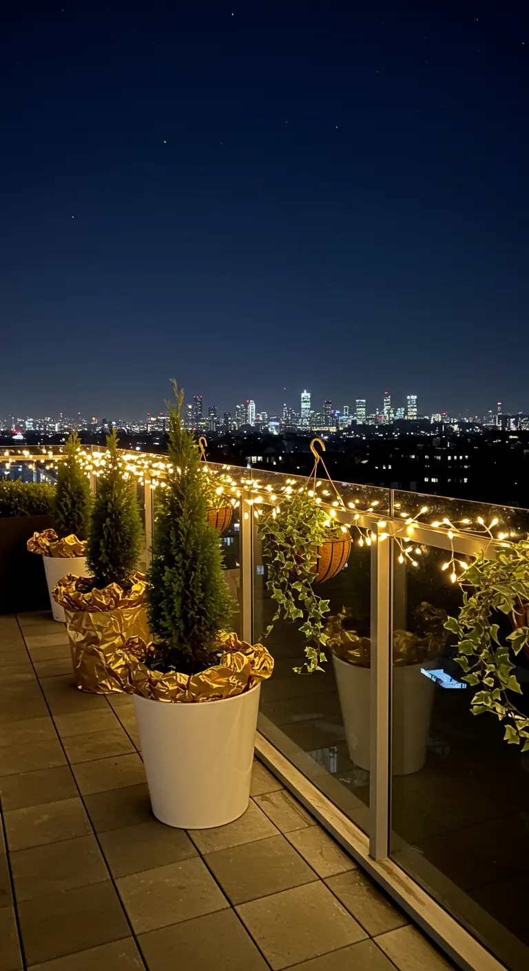 A row of planters wrapped in gold foil on a high-rise balcony at night, with a city view.
