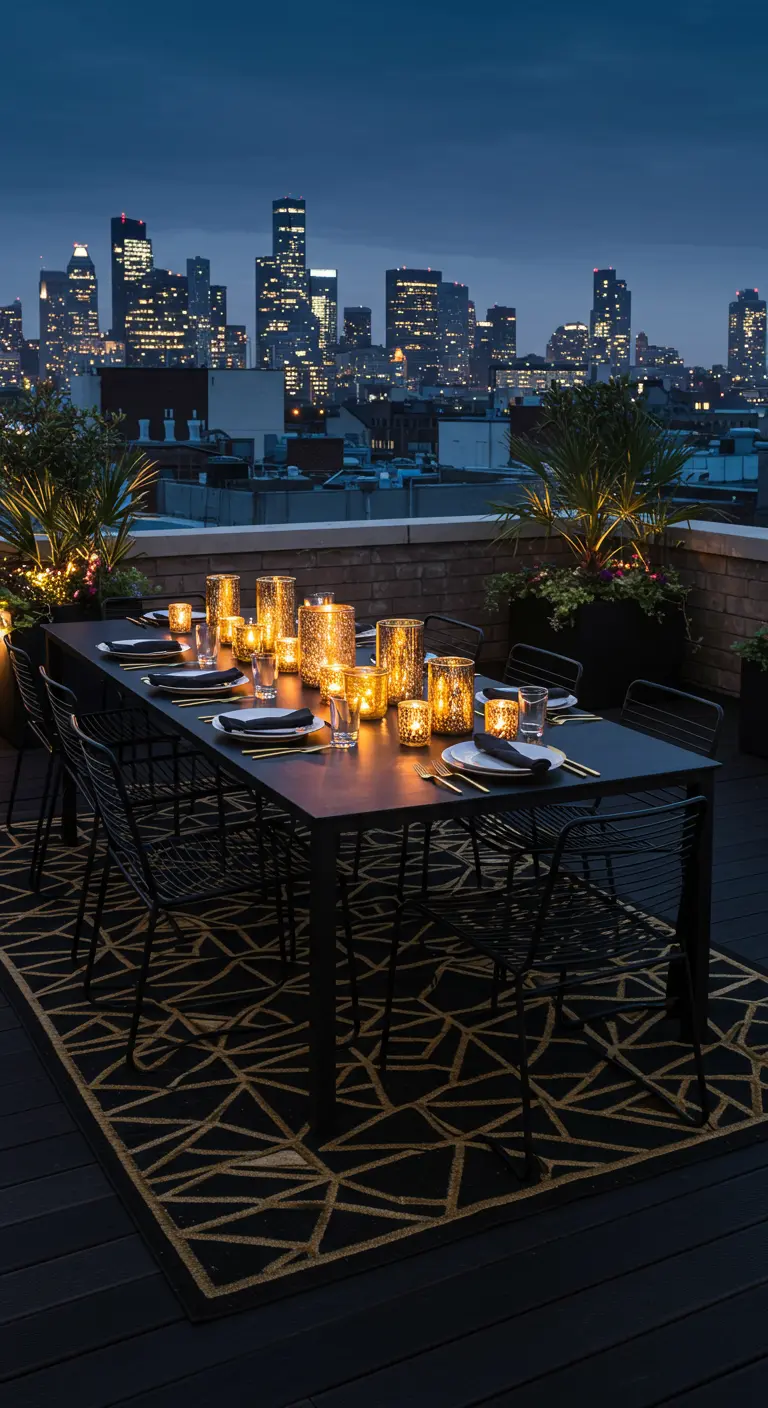 Rooftop dining table at dusk with black chairs, a gold and black rug, and glowing candle votives.