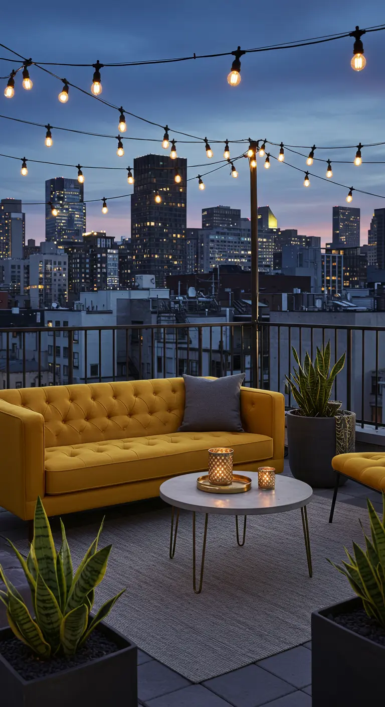 A tufted mustard sofa on a city rooftop at dusk, with string lights overhead and potted plants.