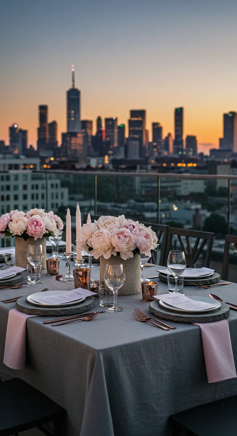 Rooftop table with grey linens, concrete vases, and a city skyline background.
