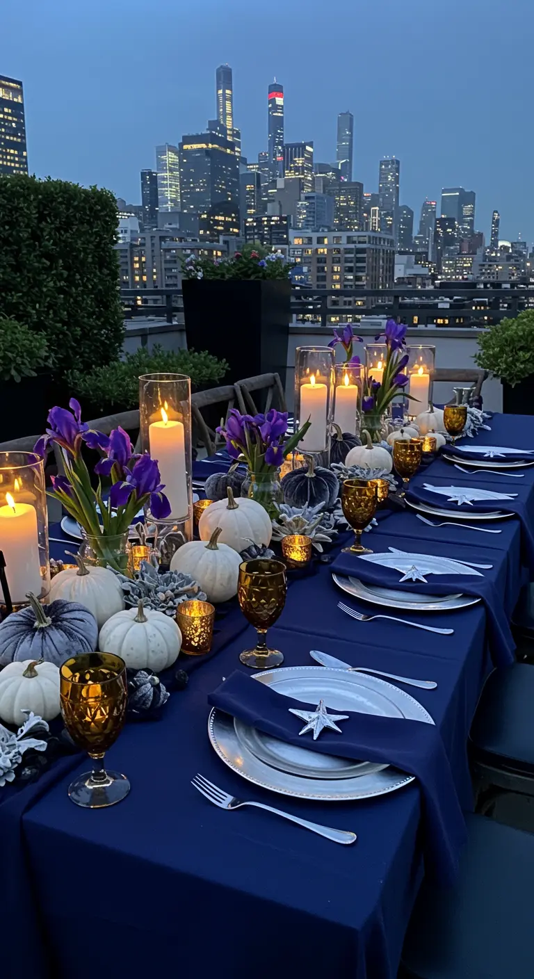 Rooftop table with navy tablecloth, white pumpkins, and purple irises.