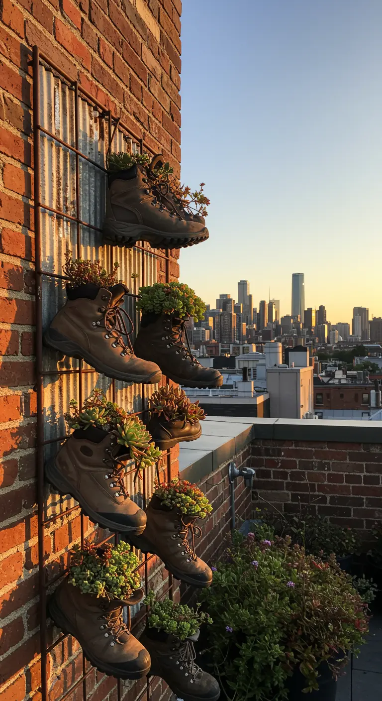 Hiking boots filled with succulents on a trellis against a brick wall at sunset.