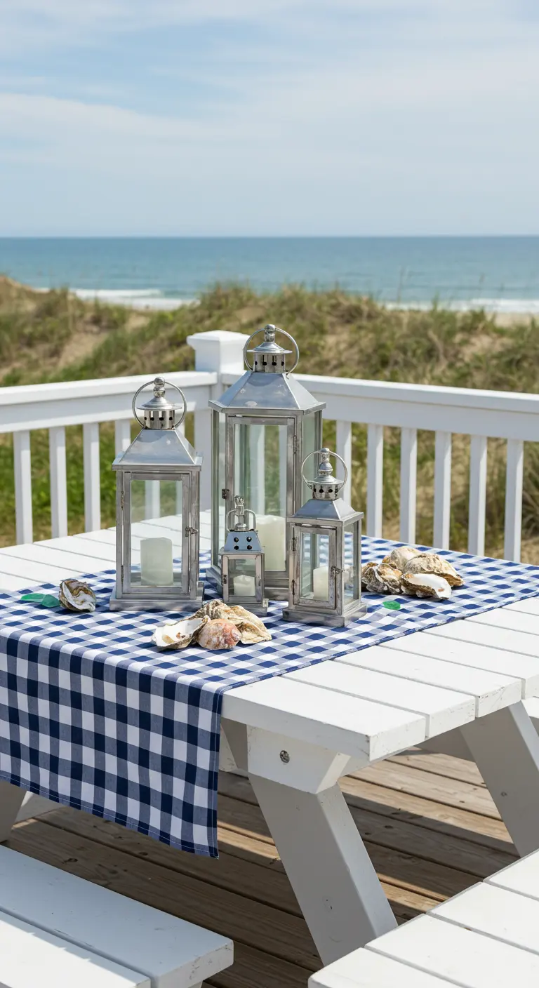 White picnic table with a blue gingham runner, silver lanterns, and oyster shells by the sea.