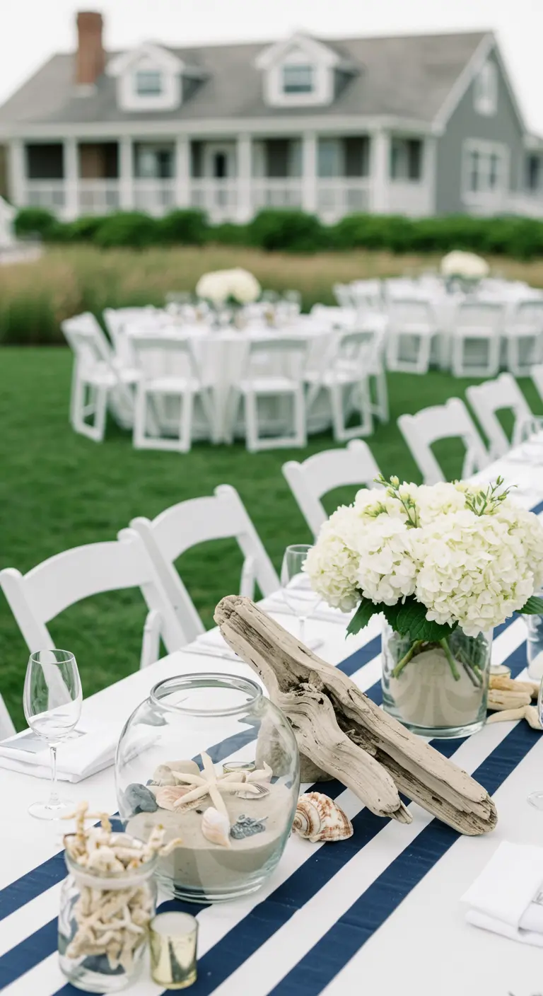 A coastal tablescape with a navy striped runner, driftwood, and a bowl of sand and seashells.