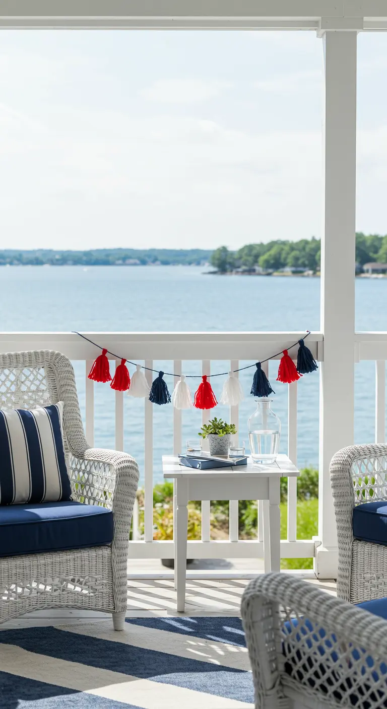 A red, white, and blue tassel garland hangs on a white porch railing with a view of the water.