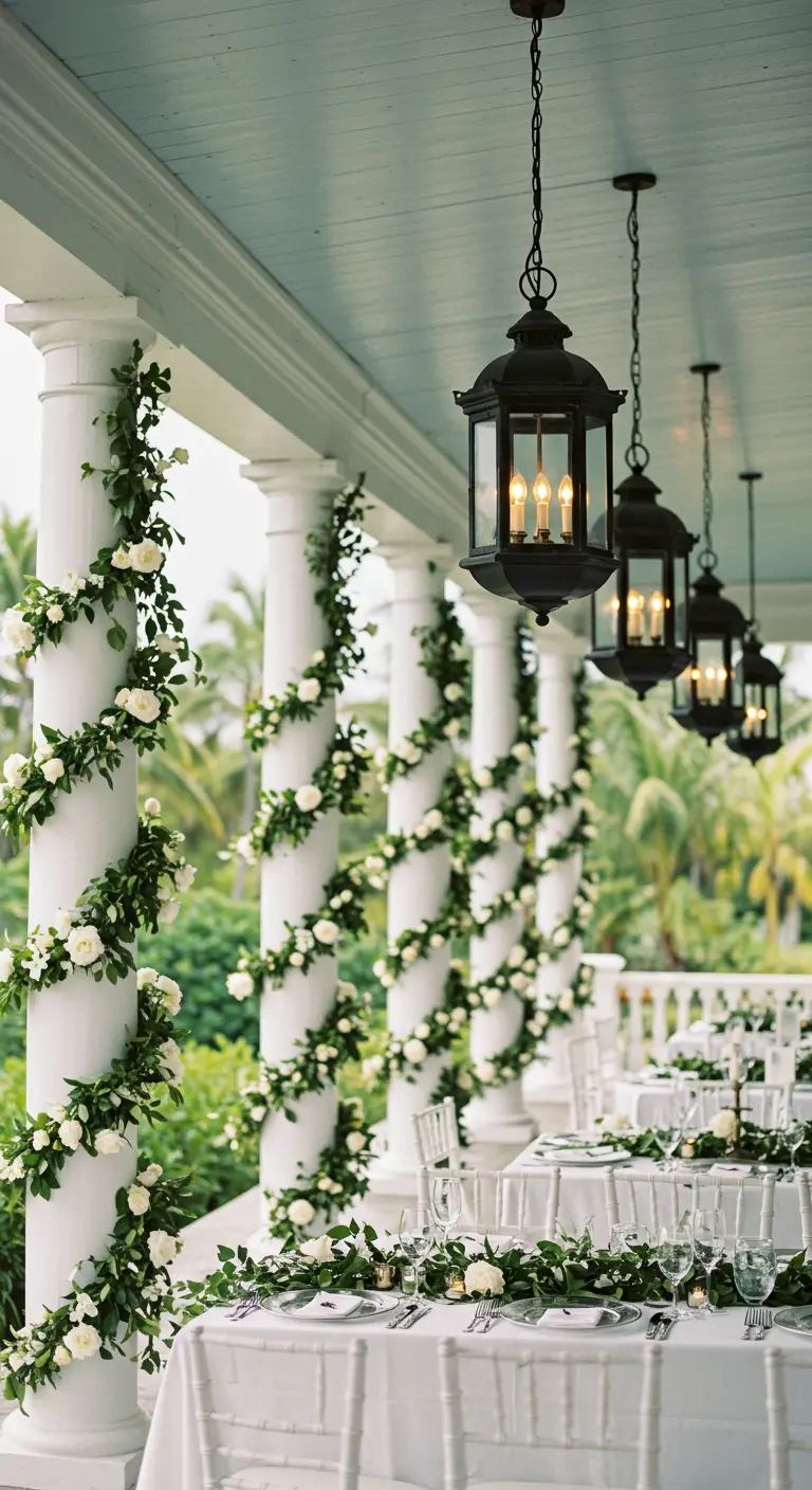 White pillars on a veranda wrapped in spiraling white rose garlands for a wedding reception.