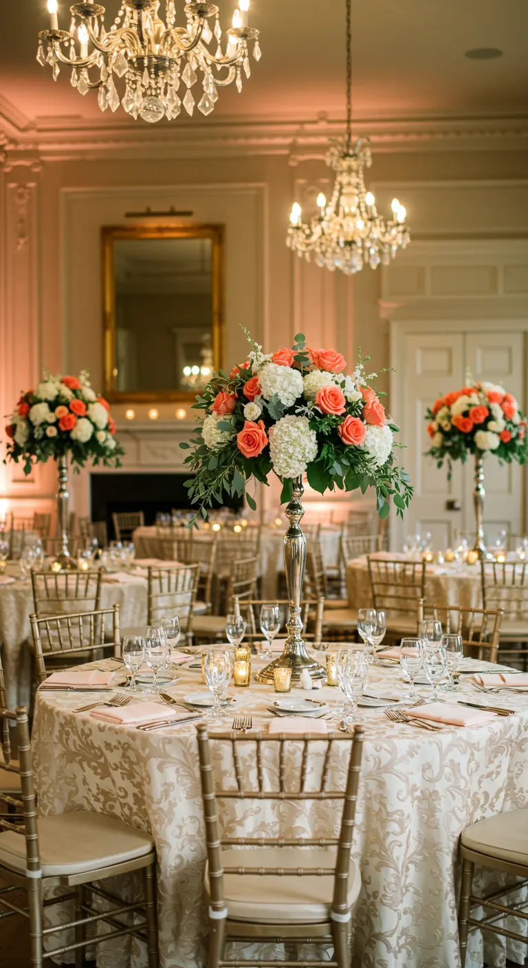 Elegant ballroom wedding table with coral and white flowers under crystal chandeliers.