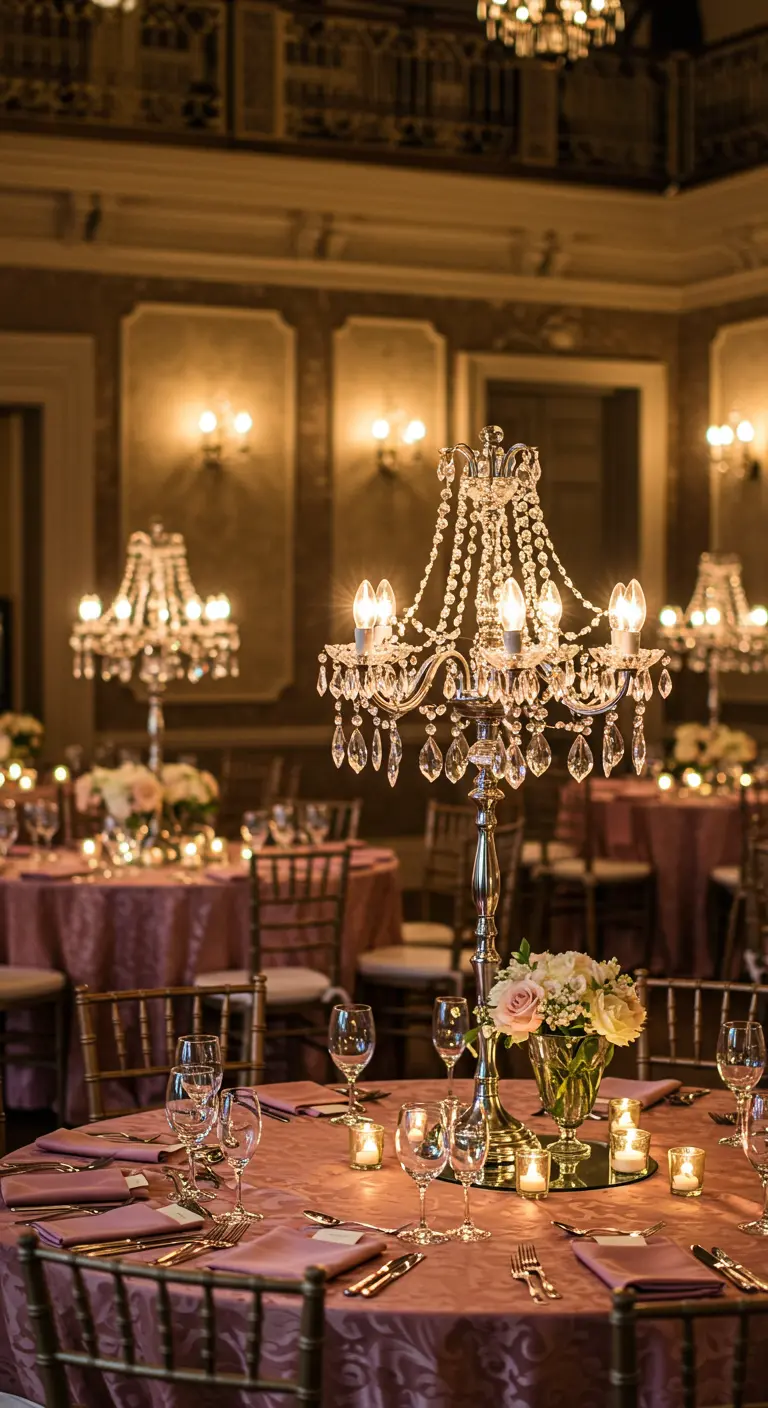 An elegant table setting with a dusty rose tablecloth and a classic silver candelabra centerpiece.