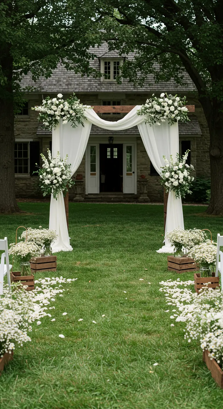 An elegant wooden wedding arch with white draped fabric and classic white floral arrangements.