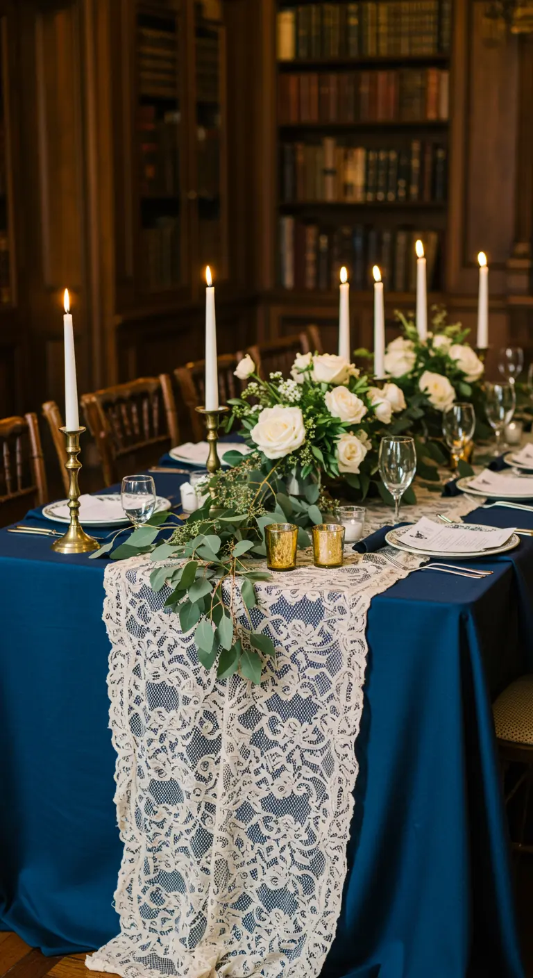 Elegant table with a navy blue tablecloth, white lace runner, and white roses.