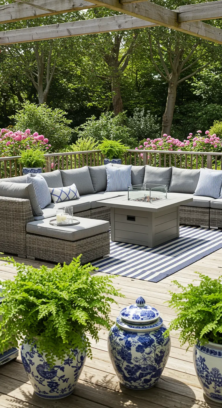 Grey rattan sectional with blue and white striped pillows next to blue and white ginger jars.