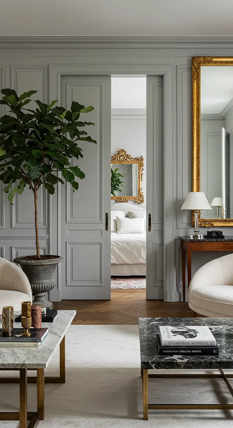 Elegant Parisian-style living room with grey paneled doors and a large gold mirror.